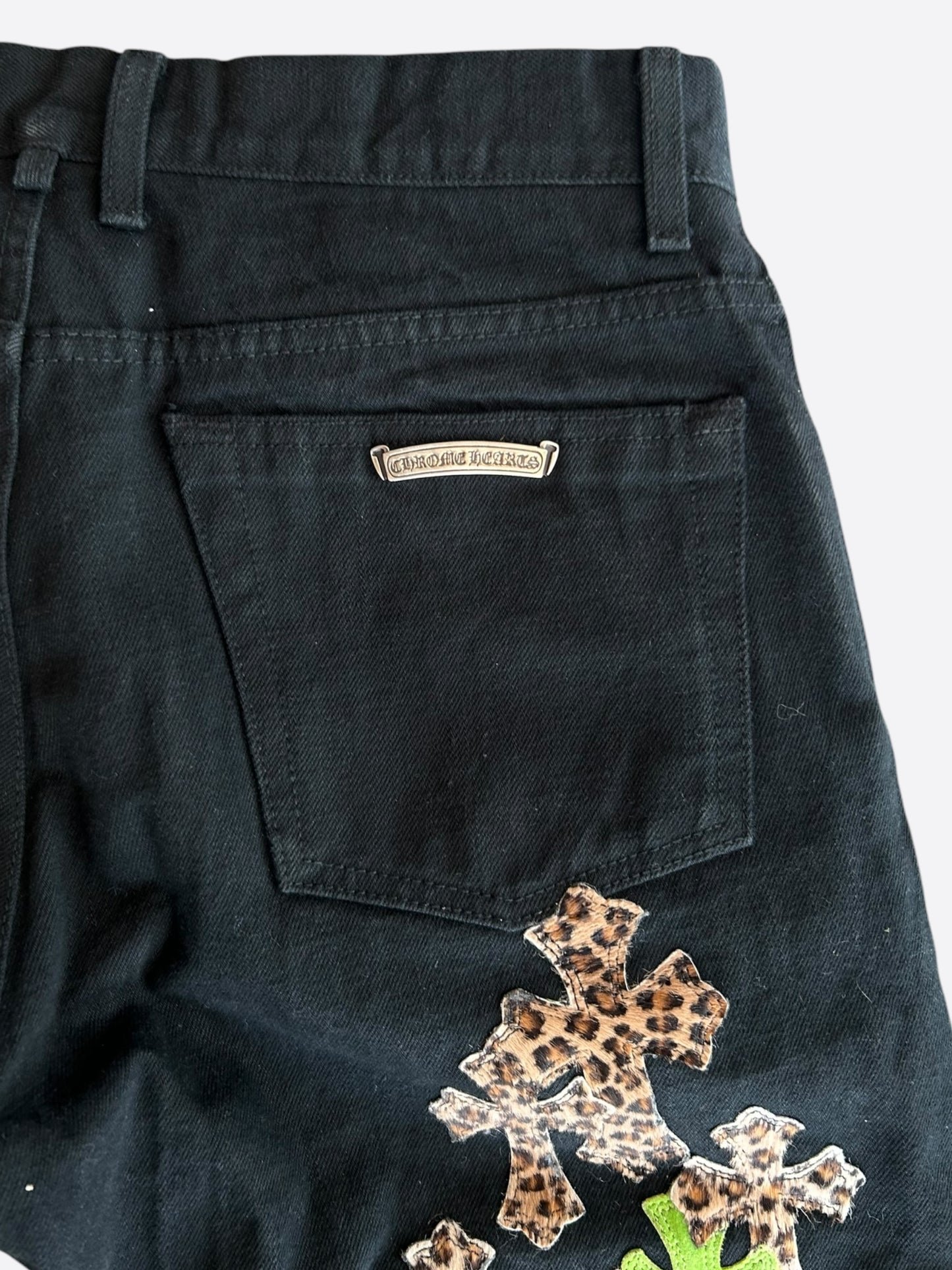 Chrome Hearts Cross Patch Denim 'Black/Green/Cheetah' - detail close-up - District 97 Clothing streetwear