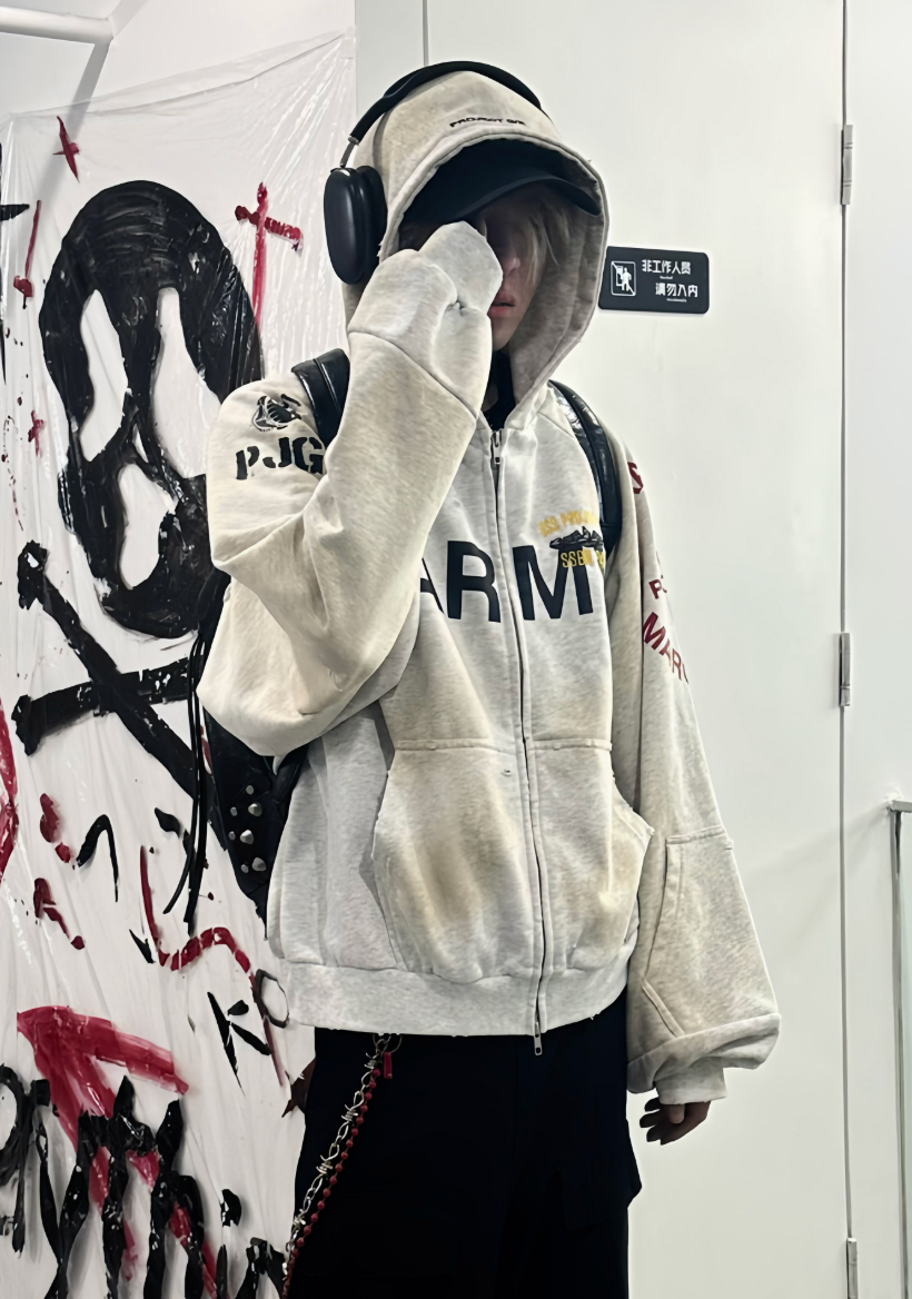 Army Zip Up Hoodie - side view - District 97 Clothing streetwear