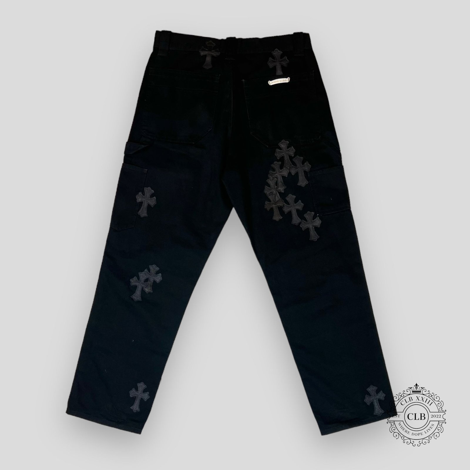 Chrome Hearts Black Cross Patch Double Knee Carpenter Jeans - front view - District 97 Clothing streetwear